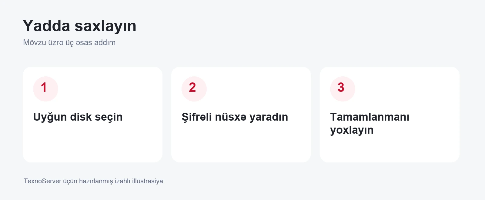Uyğun disk seçin, Şifrəli nüsxə yaradın, Tamamlanmanı yoxlayın