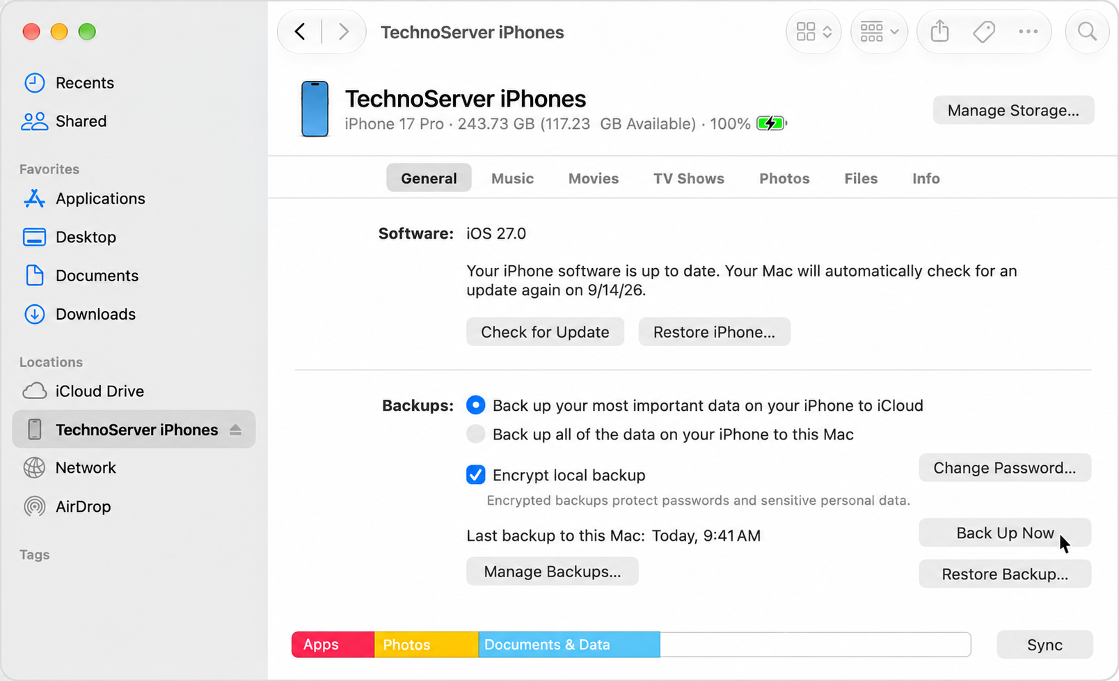 TechnoServer iPhones — Back Up Now düyməsi